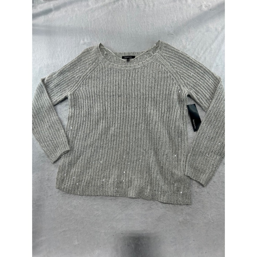 Relativity Womens Silver Sequin Metallic Knit Sweater Long Sleeve Crew Neck L
